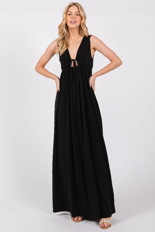 Zippered Dresses for Convenience -Black Front Tie Cutout Sleeveless Maxi Dress