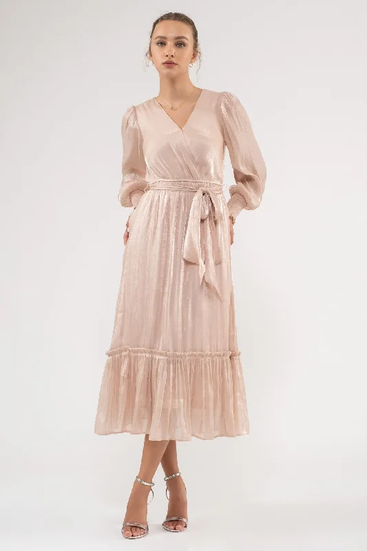 Celtic Dresses with Knotwork -Champagne Surplice Belted Long Sleeve Midi Dress