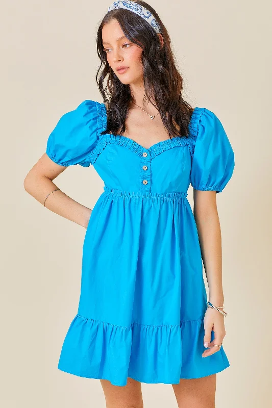 Wrap Dresses for Adjustable -Aqua Puff Sleeve Ruffle Accent Mini Dress