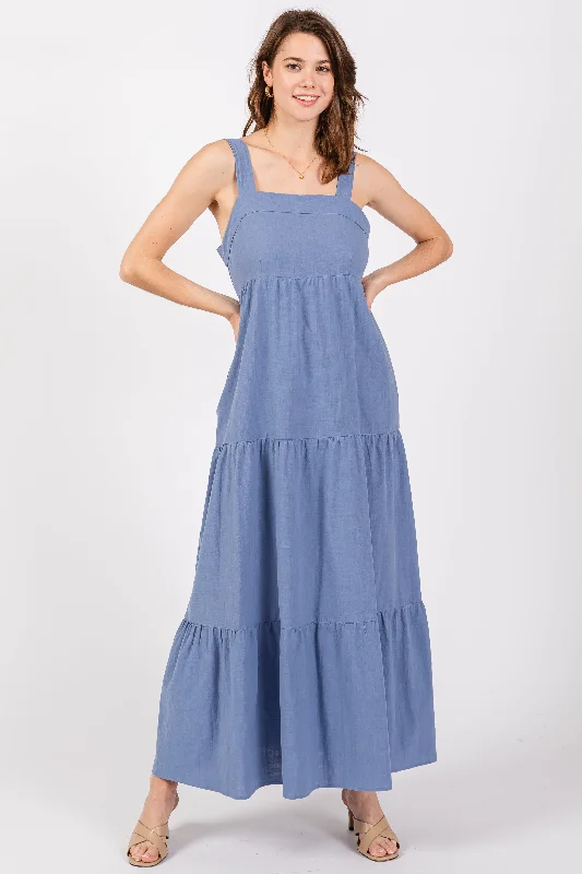 Office Dresses for Business -Blue Tiered Maxi Dress