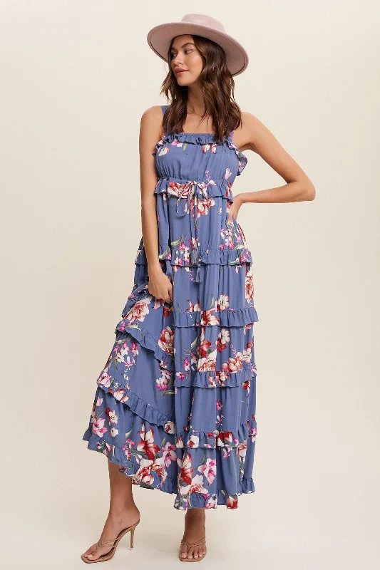 Hippie Dresses with Beads -Blue Floral Sleeveless Tiered Maxi Dress