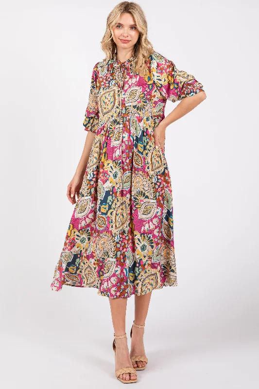 Sundress Dresses for Sunny -Pink Paisley Print Tiered A-Line Midi Dress