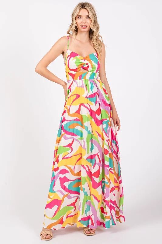 Beach Dresses for Coastal -Ivory Printed Sleeveless Front Twist Maxi Dress