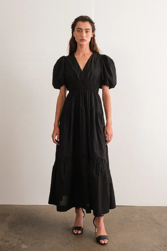 Minimalist Dresses for Simplicity -Black Puff Sleeve Midi Dress