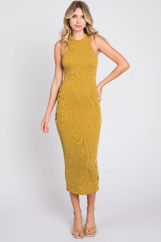 Printed Dresses with Patterns -Mustard Ribbed Fitted Midi Dress