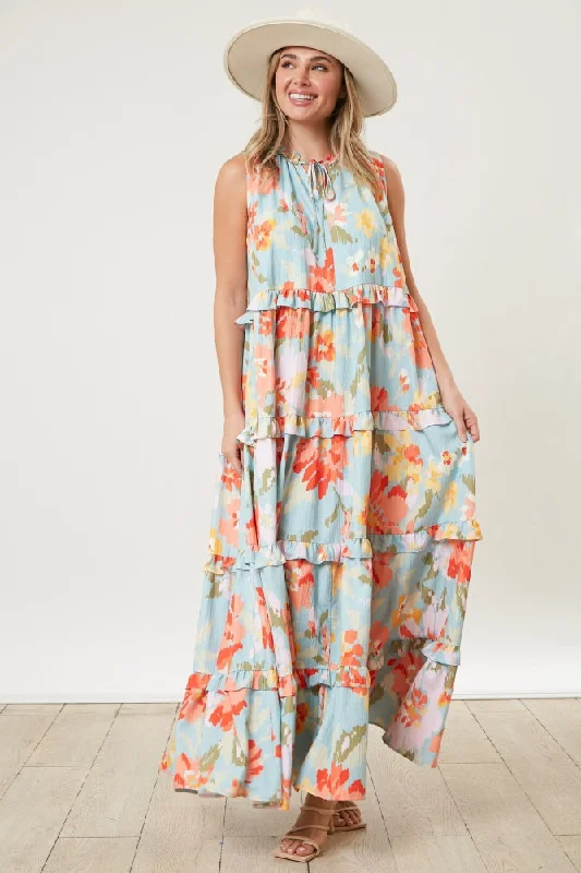 Bohemian Dresses with Tassels -Light Blue Floral Sleeveless Ruffle Tiered Maxi Dress