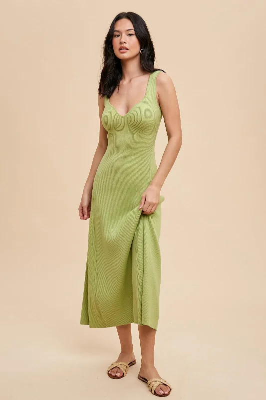 Vintage Dresses for Nostalgia -Light Olive Knit Deep V-Neck Maxi Dress