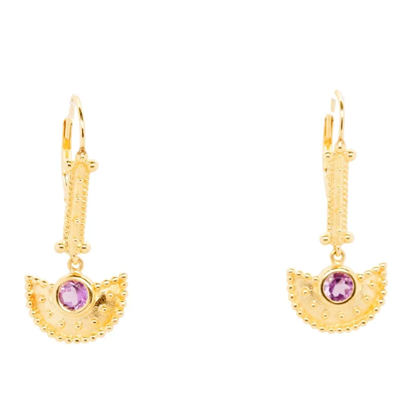 Contemporary Drop Earrings for Fashion -14K Gold Round Amethyst Etruscan Revival Dangle Earrings