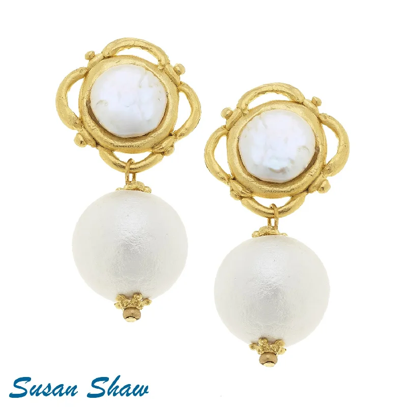 Drop Earrings for Festival Style -Susan Shaw Gold with Coin Pearl and Cotton Pearl Clip Earrings