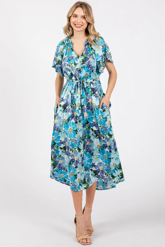 Strapless Dresses for Glamorous -Blue Floral V-Neck Short Puff Sleeve Tie Waist Satin Midi Dress