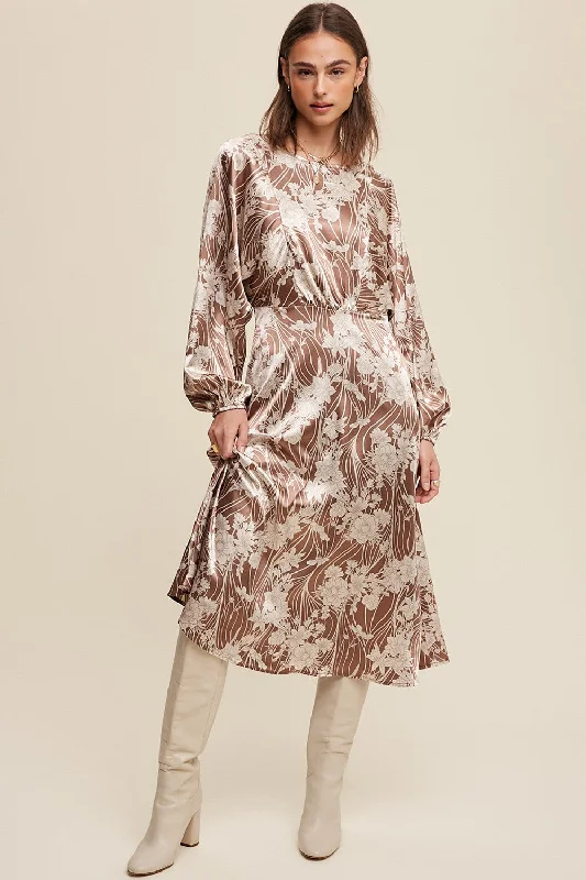 Evening Dresses for Formal Events -Mocha Floral Print Satin Cinched A-Line Midi Dress