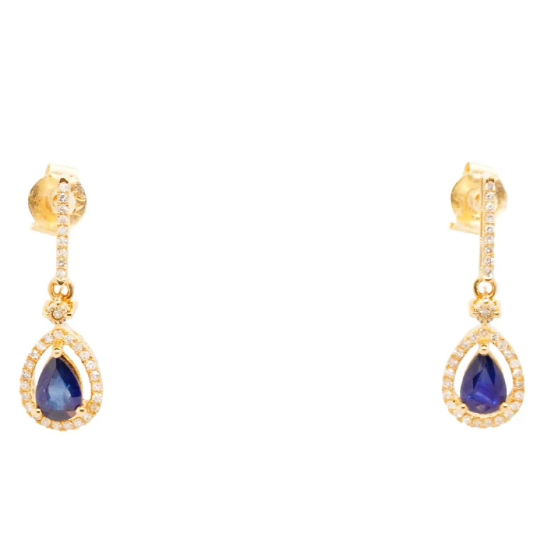 Indian Drop Earrings with Intricacy -14K Gold Pear Blue Sapphire With Diamond Accent Dangle Earrings