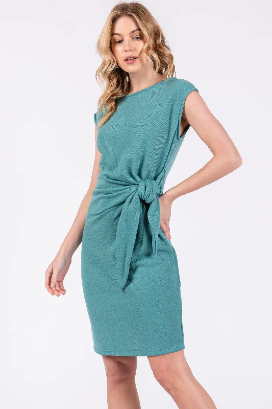 Prom Dresses for School Dance -Teal Terry Knit Gathered Waist Dress