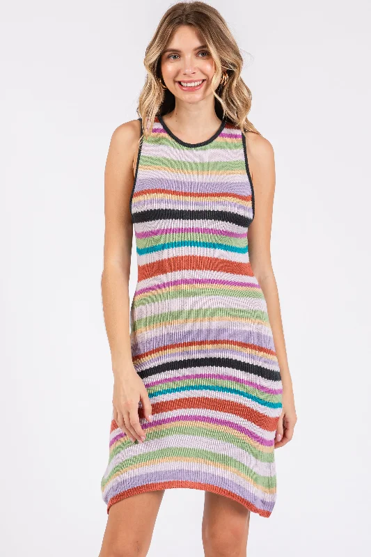 Midi Dresses for Versatile Wear -Green Striped Sleeveless Sweater Dress