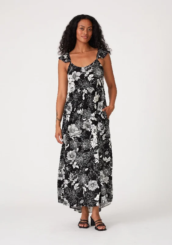 Graduation Dresses for Milestone -Black Floral Back Tie Maxi Dress