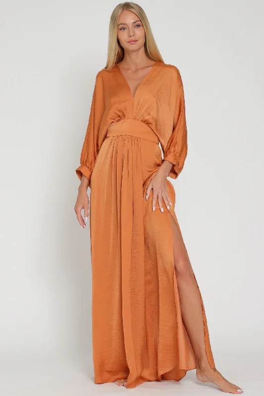 Bohemian Dresses with Tassels -Rust Long Dolman Sleeve Tie Back Waisted Maxi Dress