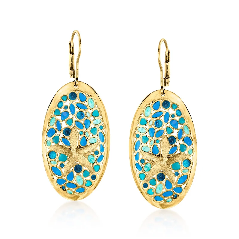 Waterproof Drop Earrings for Outdoor -Ross-Simons Italian 14kt Yellow Gold Starfish Drop Earrings With Tonal Blue Enamel