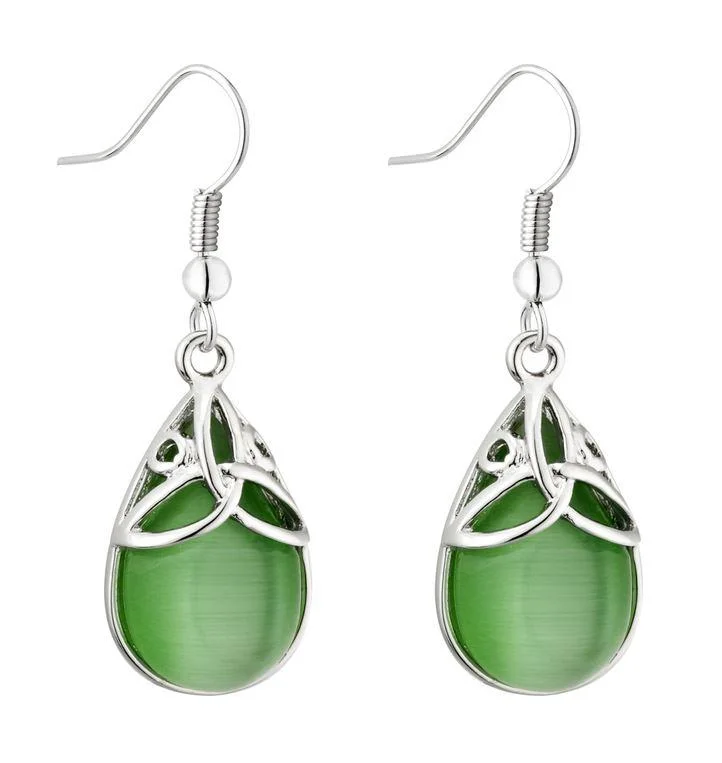 Gothic Drop Earrings with Dark Tone -Rhodium Plated Green Cat Eye Trinity Knot Earrings