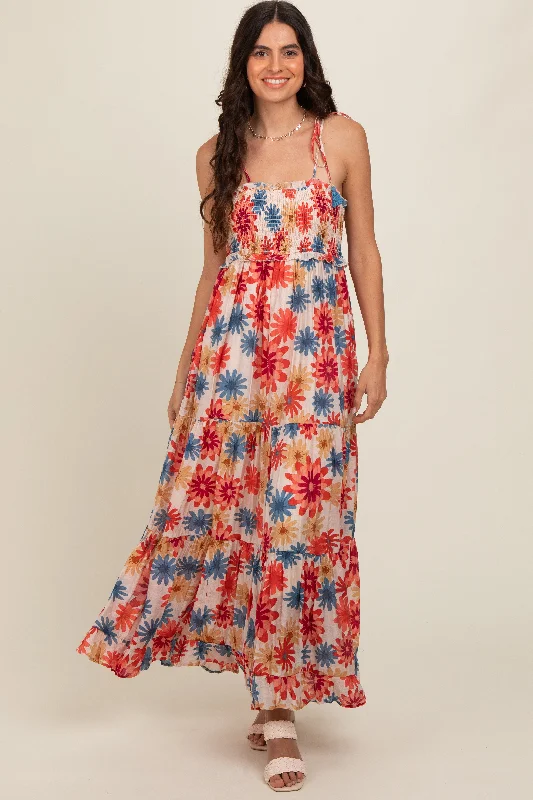 Casual Dresses for Everyday -Coral Floral Smocked Shoulder Tie Maxi Dress