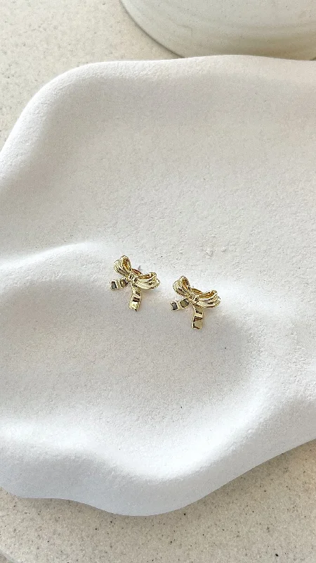 Adjustable Drop Earrings for Custom Fit -Bow Stud 18K Gold Plated Earrings - Gold