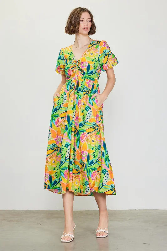 Casual Dresses for Everyday -Lime Floral Puff Sleeve Midi Dress