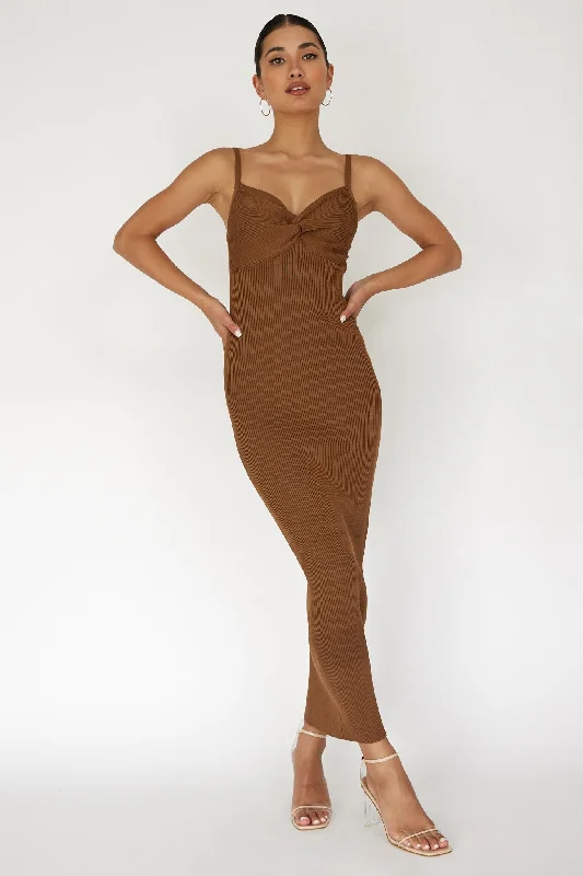 Long-sleeved Dresses for Coverage -Chocolate Sleeveless Ribbed Front Twist Maxi Dress