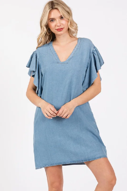 Party Dresses for Celebration -Blue Ruffle Sleeve Mini Dress