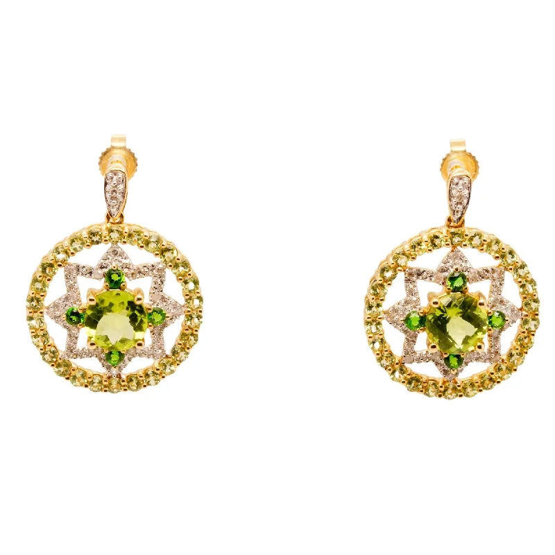 Drop Earrings for Engagement Party -14K Gold Multicolor Green Stone And Diamonds Drop Earrings