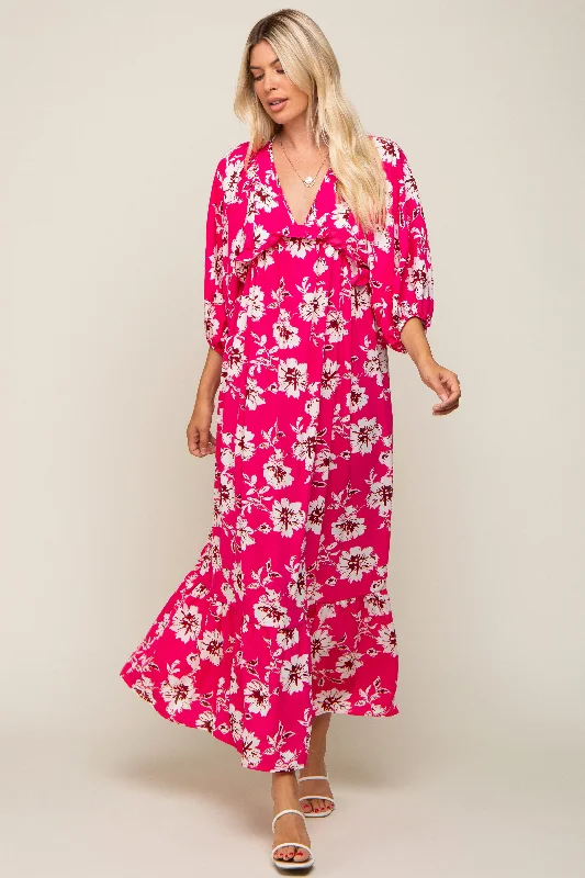 High-waisted Dresses for Flatter -Fuchsia Floral V-Neck Dolman 3/4 Sleeve Midi Dress