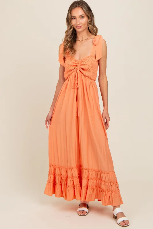 Cotton Dresses for Comfort -Orange Sweetheart Neck Smocked Shoulder Tie Maxi Dress