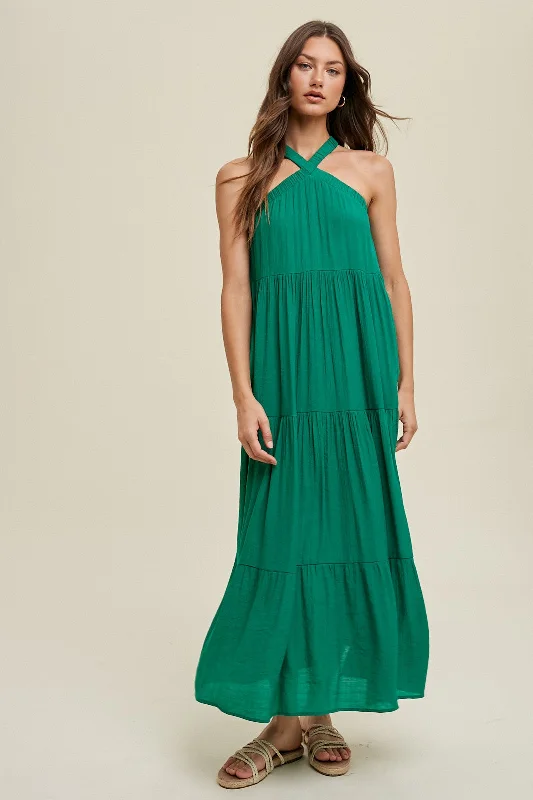 Animal Print Dresses for Fun -Emerald Halter Tiered Maxi Dress