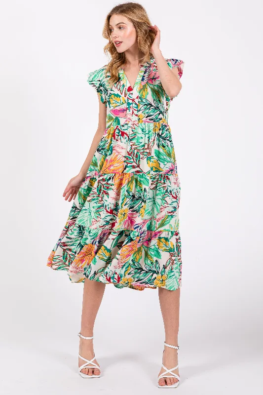 Midi Dresses for Versatile Wear -Green Floral Flutter Sleeve Tiered Midi Dress