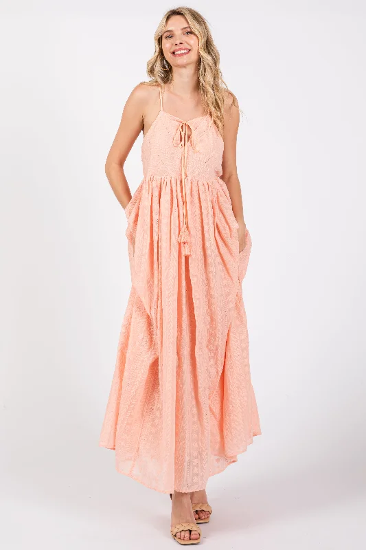 Casual Dresses for Everyday -Light Pink Embroidered Tassel Tie Maxi Dress