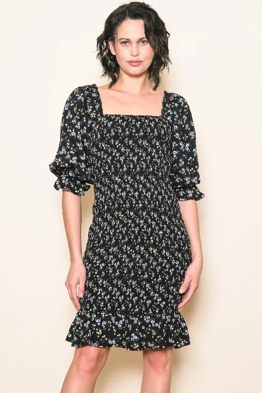 Ruffled Dresses for Girly -Black Floral Smocked Puff Sleeve Dress