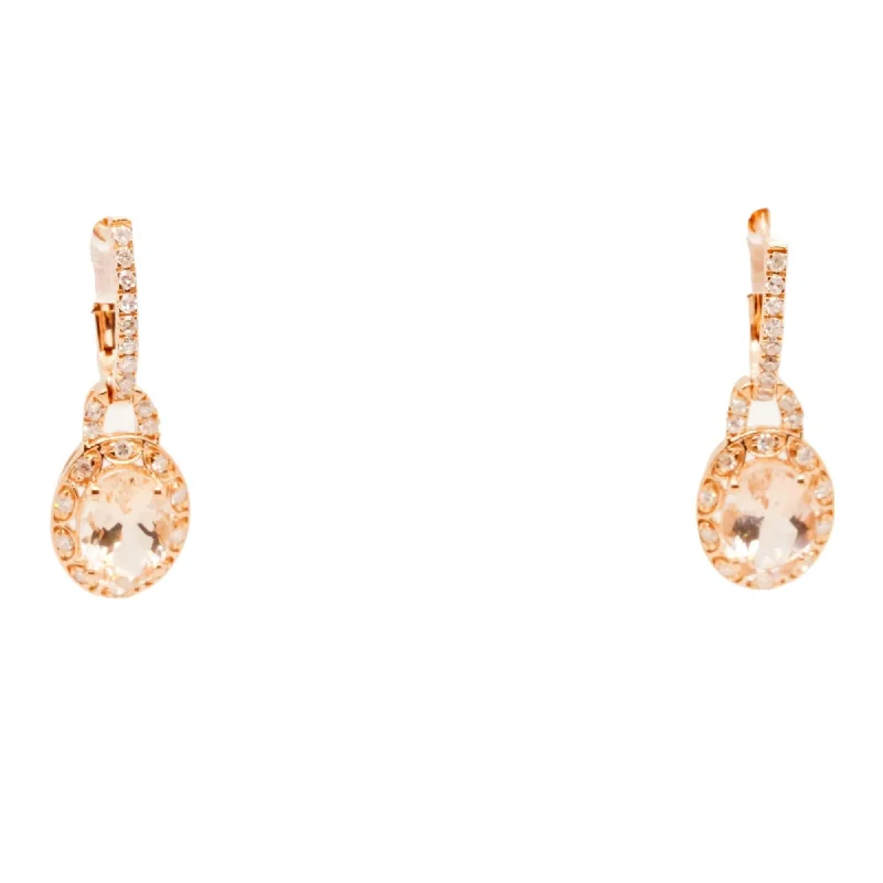 Drop Earrings with Enamel Coating -14K Rose Gold Oval Morganite Wth Diamond Halo Dangle Earrings