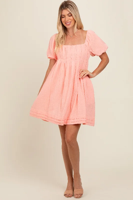 Contemporary Dresses for Fashion -Peach Puff Sleeve Layered Hem Dress