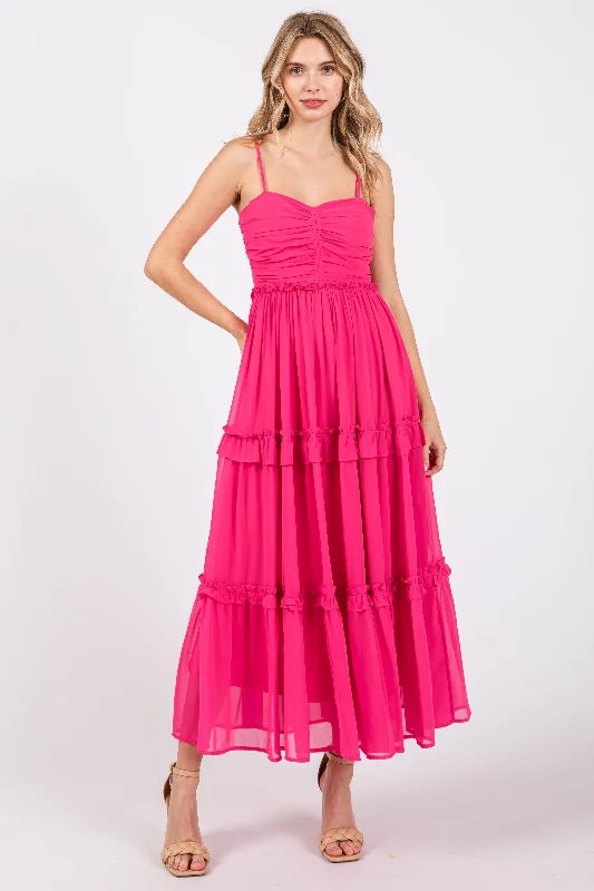 Contemporary Dresses for Fashion -Fuchsia Sleeveless Pleated Ruffle Tiered Midi Dress