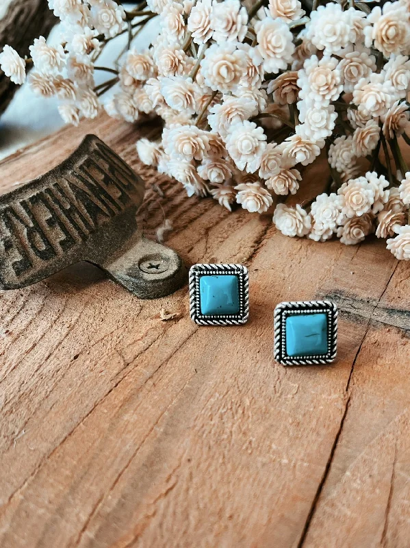 Drop Earrings with Matte Finish -Small Turquoise Stone Square Post Earrings