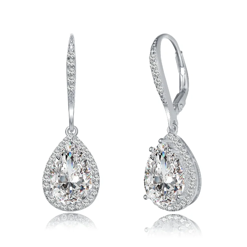 Drop Earrings with Leaf Motifs -GENEVIVE Sterling Silver Cubic Zirconia Pear Drop Earrings