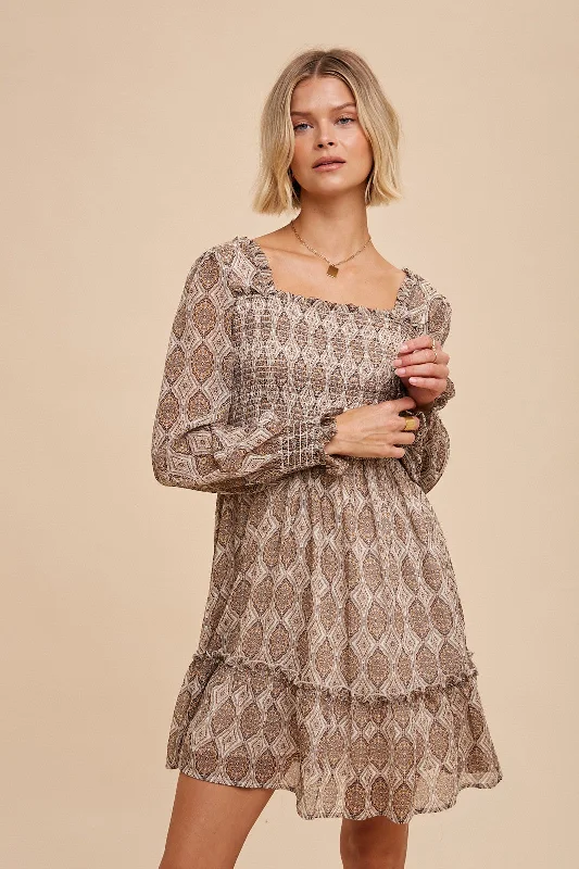 Linen Dresses for Breathable -Medallion Creme Square Neck Smocked Mini Dress