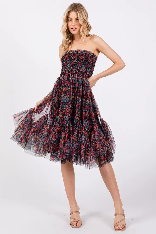 Flared Dresses for Retro -Black Floral Sleeveless Smocked Ruffle Hem Dress