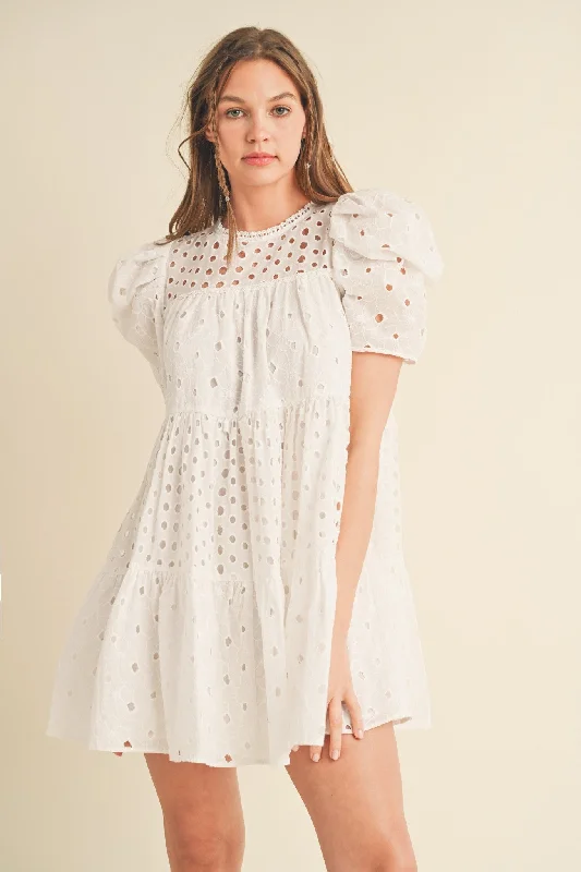 Blue Dresses for Classic -White Floral Eyelet Puff Sleeve Mini Dress