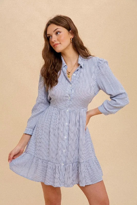 Birthday Dresses for Celebration -Soft Blue Tie Waist Stripe Shirt Dress