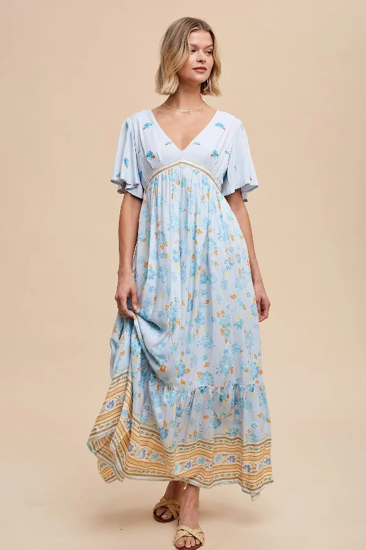 Ethnic Dresses with Tribal Design -Light Blue Floral Flounce Sleeve Maxi Dress