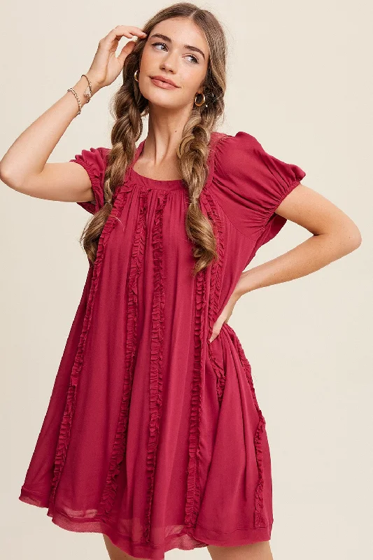 High-waisted Dresses for Flatter -Magenta Square Neck Puff Sleeve Flowy Dress With Ruffle