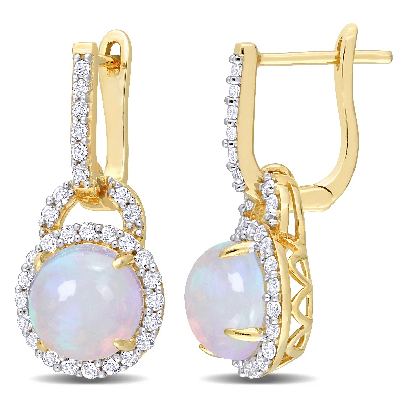 Drop Earrings for Engagement Party -3 3/8 CT TGW Blue Ethiopian Opal and White Topaz Hoop Halo Charm Earrings in Yellow Plated Sterling Silver