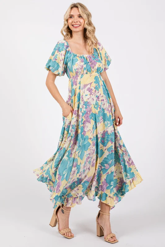 Printed Dresses with Patterns -Teal Floral Puff Sleeve Handkerchief Hem Maxi Dress