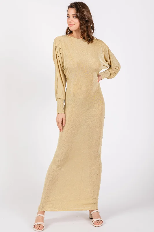 Patchwork Dresses for Bohemian -Gold Long Sleeve Open Back Maxi Dress