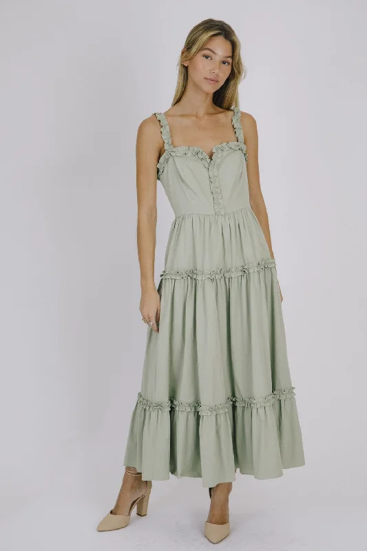 Tiered Dresses for Voluminous -Sage Monochromatic Ruffled Trim Midi Dress