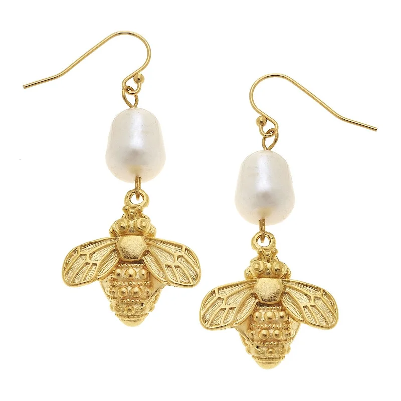 Clip On Drop Earrings for Non Pierced -Susan Shaw Bee + Pearl Wire Drop Earrings